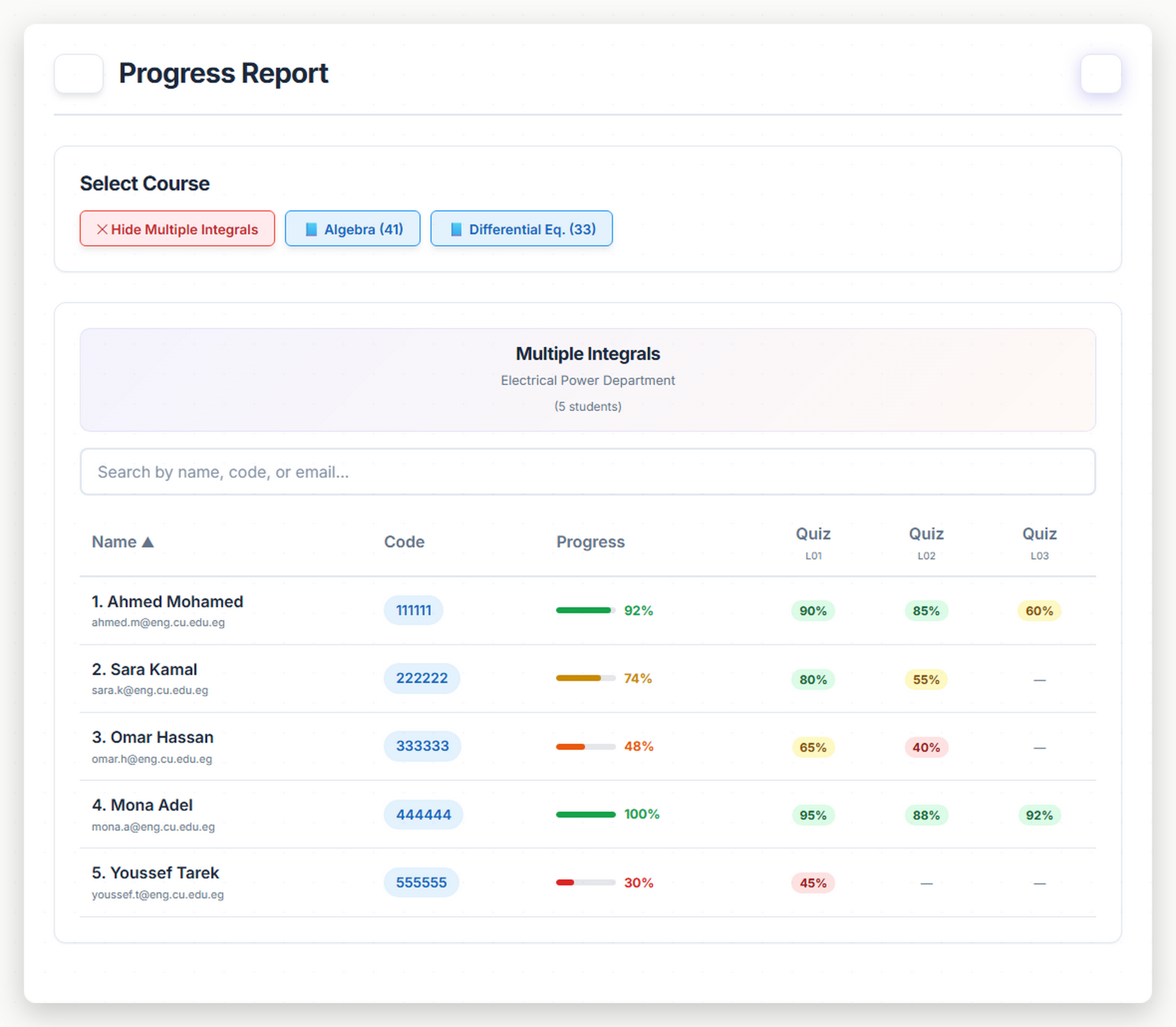 LectraHub instructor progress report on desktop