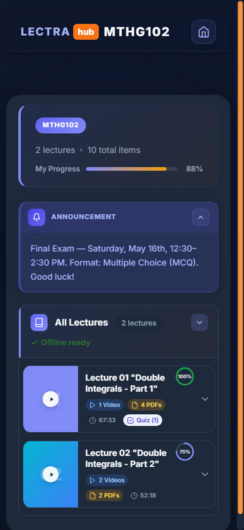 LectraHub course content with progress tracking on mobile